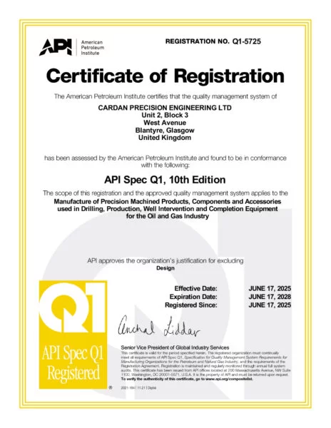 API Q1 certificate of registration
